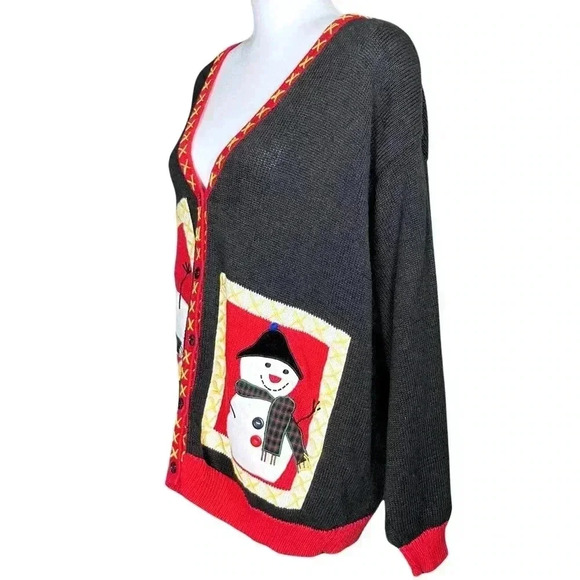 Vintage 90s Snowman Ugly Christmas Sweater Grandmacore Cardigan. L/XL Maximalist - Picture 2 of 8